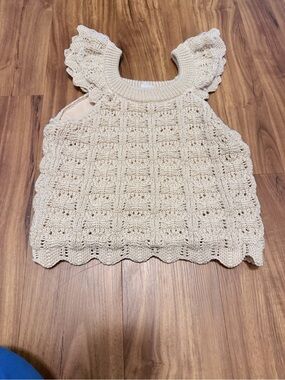 Cream Crochet Tank Top with Ruffled Shoulders